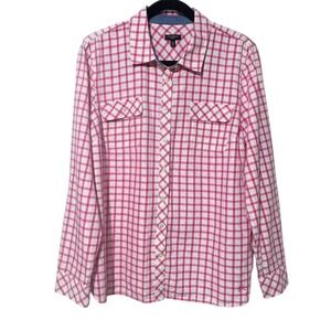 Talbots Shirt Women's PXL White Pink Check Cotton Long Sleeve Pockets Button-Up